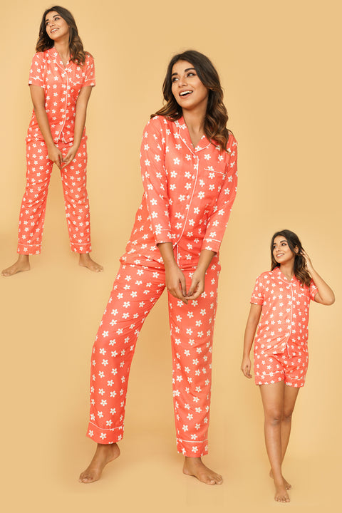 Daisy Flower Pattern Orange Combo Night Wear (Set of 2)