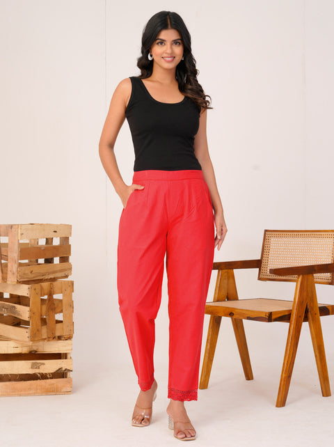 Disha Red Cotton Trouser Pant