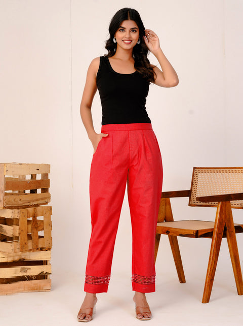 Navya Red Cotton Trouser Pant