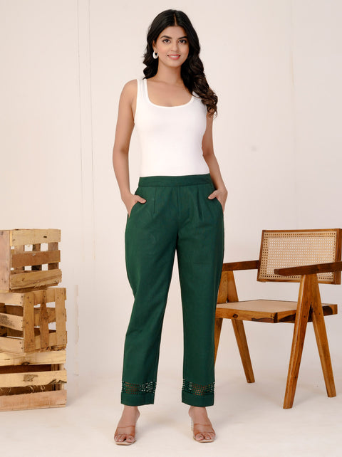 Navya Bottle Green Cotton Trouser Pant