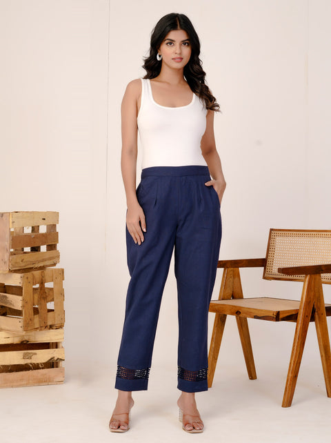 Navya Navy Blue Cotton Trouser Pant