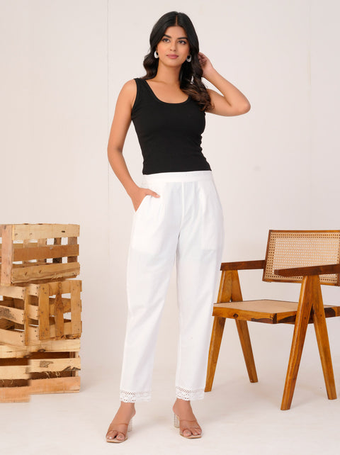 Disha White Cotton Trouser Pant