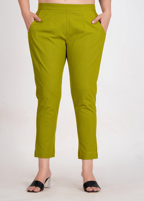 Women's Parrot Green Cotton Trouser Pant