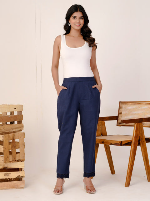 Disha Navy Blue Cotton Trouser Pant