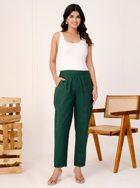 Disha Bottle Green Cotton Trouser Pant