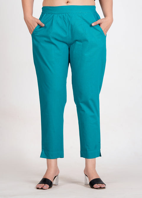 Women's Dark Turquoise Cotton Trouser Pant
