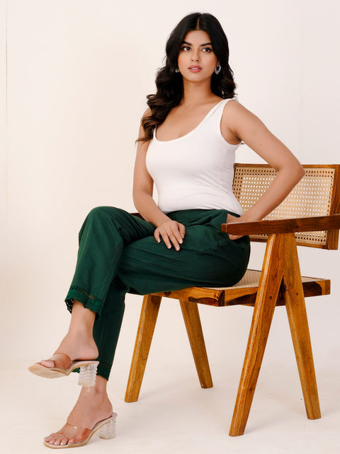 Disha Bottle Green Cotton Trouser Pant