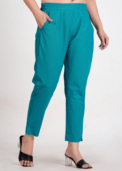 Women's Dark Turquoise Cotton Trouser Pant