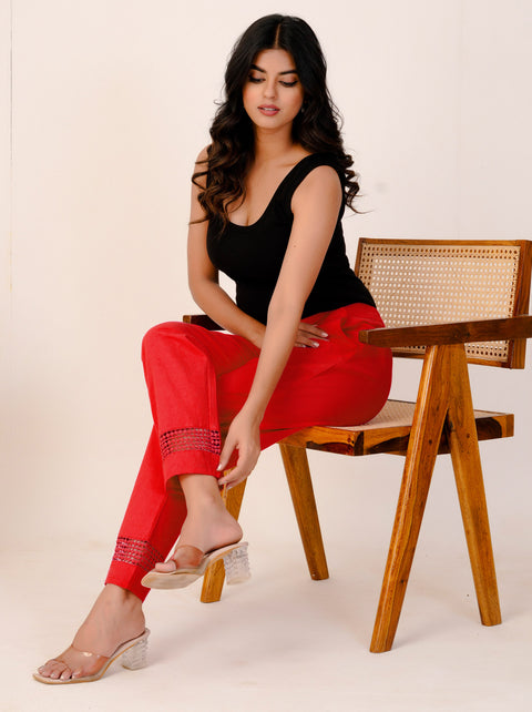 Navya Red Cotton Trouser Pant