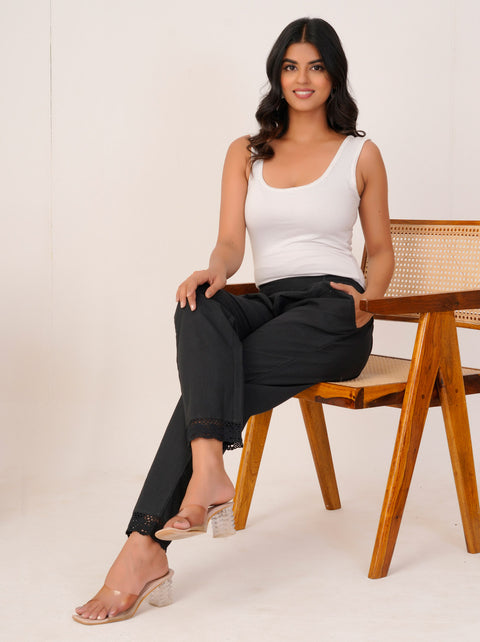 Disha Black Cotton Trouser Pant