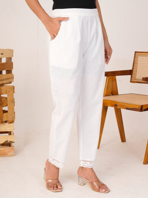 Disha White Cotton Trouser Pant