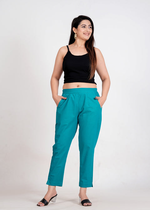 Women's Dark Turquoise Cotton Trouser Pant