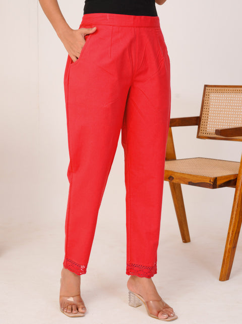 Disha Red Cotton Trouser Pant