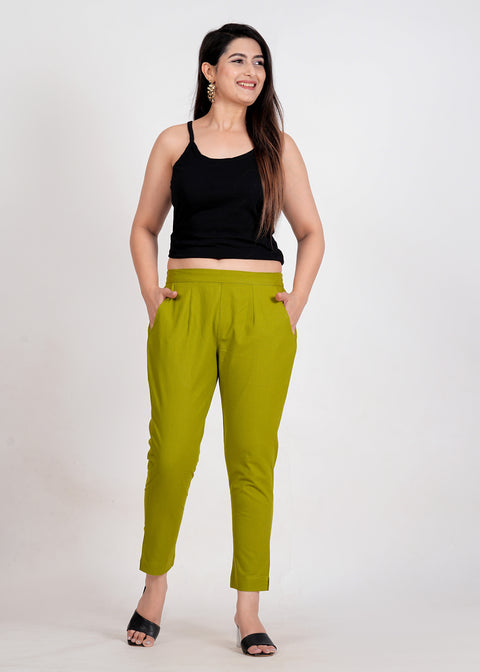 Women's Parrot Green Cotton Trouser Pant