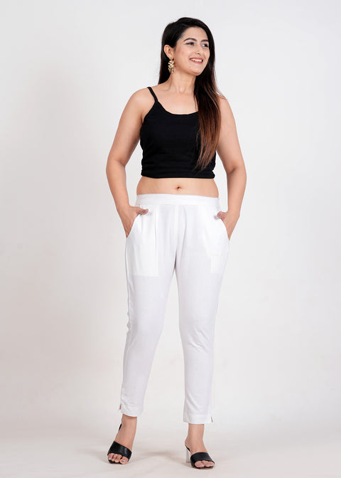 Women's White Cotton Trouser Pant