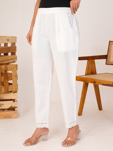 Disha White Cotton Trouser Pant
