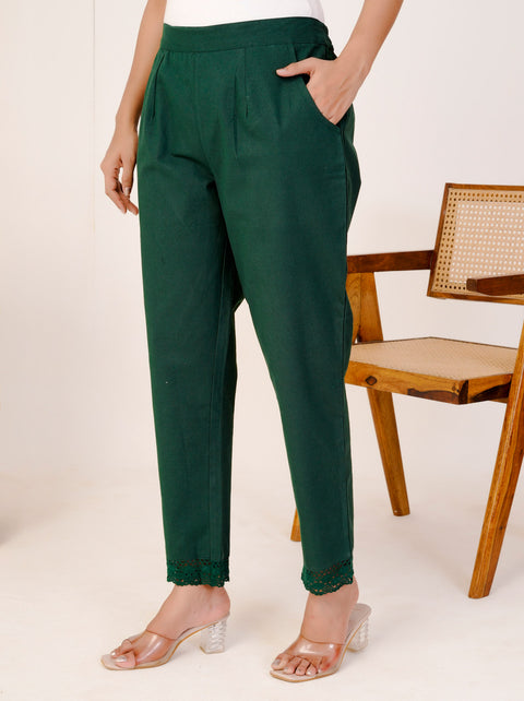 Disha Bottle Green Cotton Trouser Pant