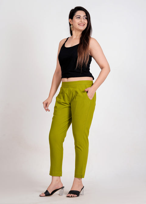 Women's Parrot Green Cotton Trouser Pant