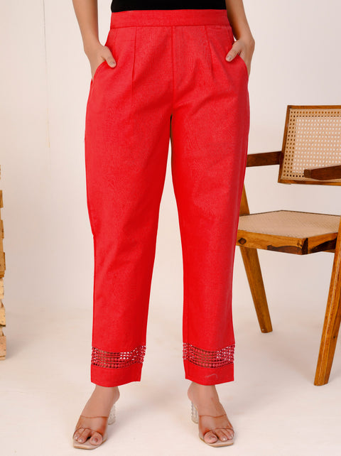 Navya Red Cotton Trouser Pant
