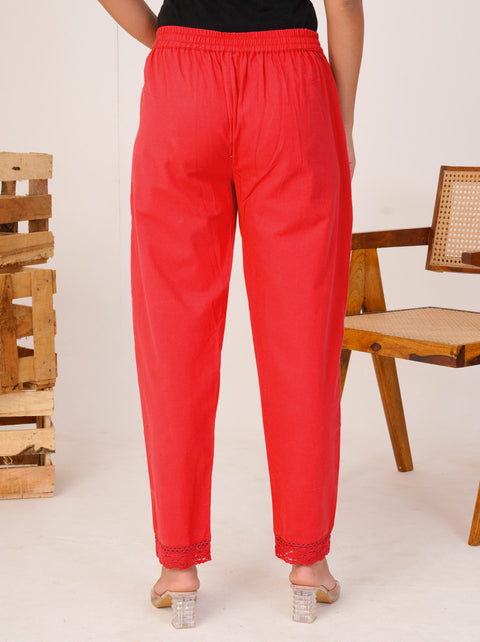 Disha Red Cotton Trouser Pant