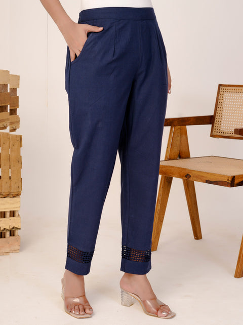 Navya Navy Blue Cotton Trouser Pant