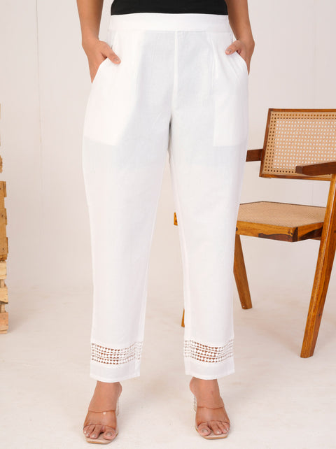 Navya White Cotton Trouser Pant