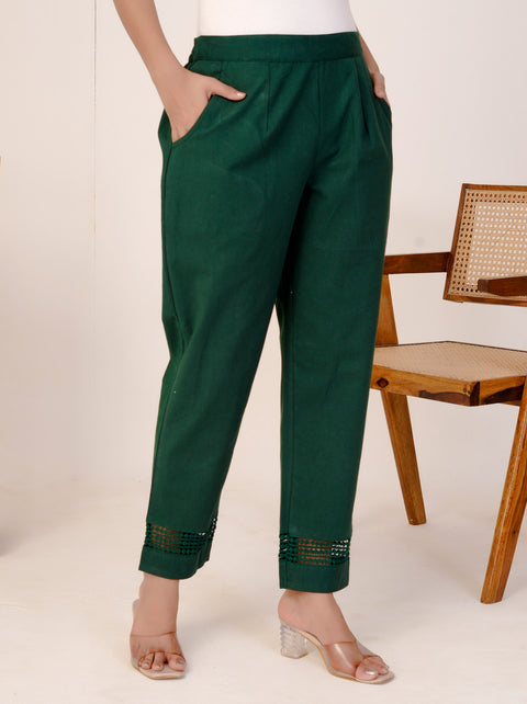 Navya Bottle Green Cotton Trouser Pant