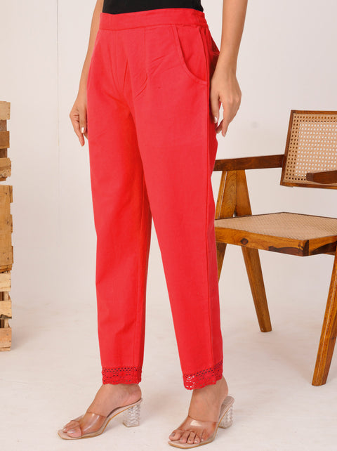 Disha Red Cotton Trouser Pant