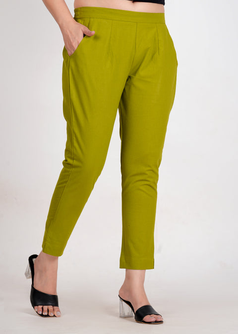Women's Parrot Green Cotton Trouser Pant
