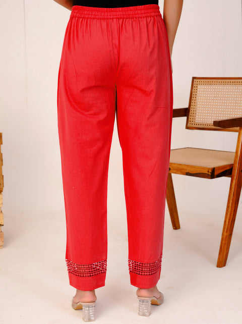 Navya Red Cotton Trouser Pant