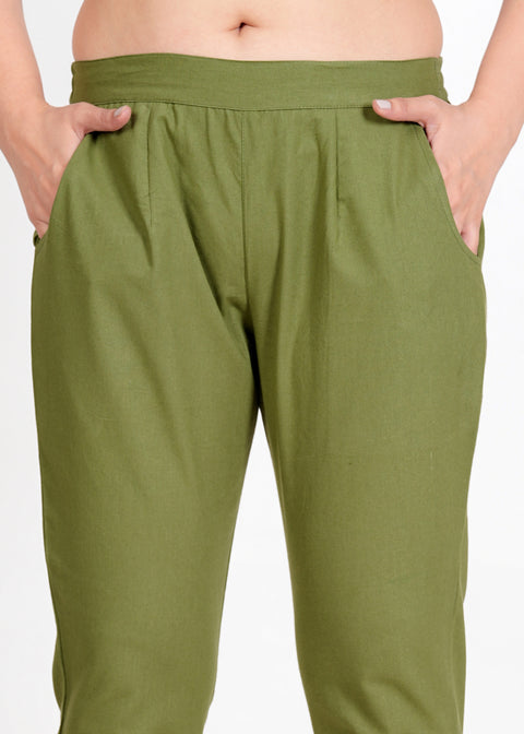 Women's Pista Green Cotton Trouser Pant