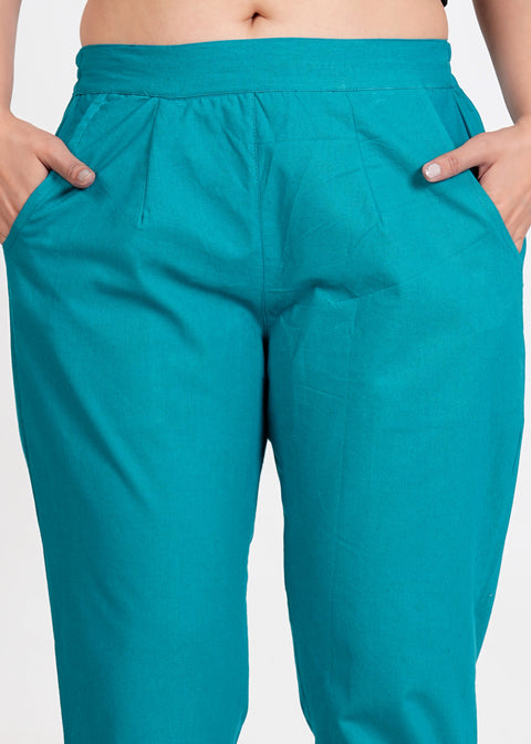 Women's Dark Turquoise Cotton Trouser Pant