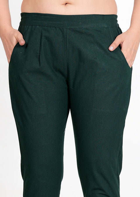 Women's Bottle Green Cotton Trouser Pant