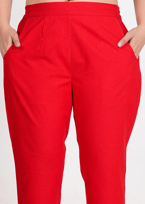 Women's Red Cotton Trouser Pant