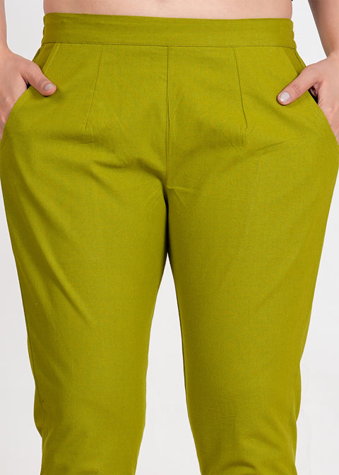 Women's Parrot Green Cotton Trouser Pant