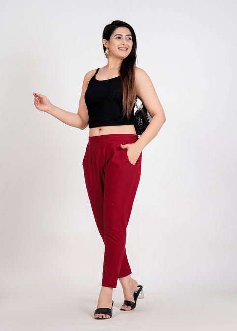 Women's Maroon Cotton Trouser Pant