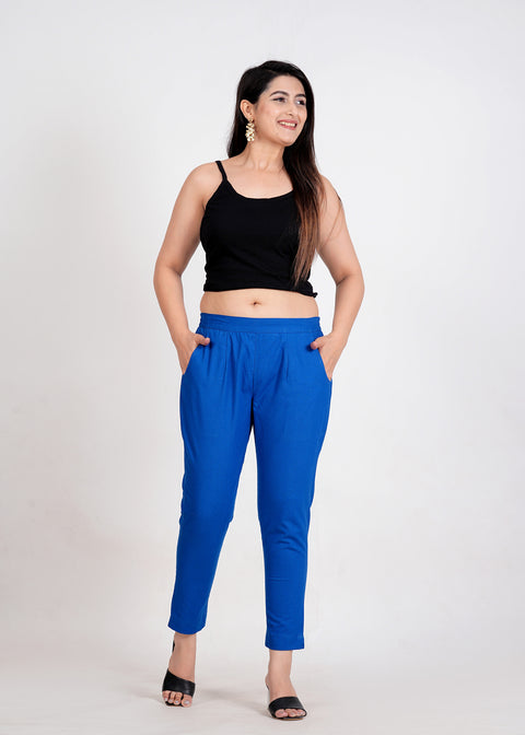 Women's Royal Blue Cotton Trouser Pant