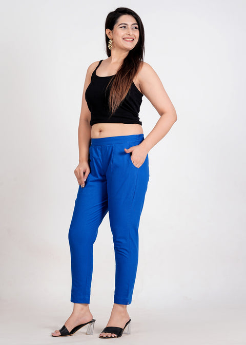 Women's Royal Blue Cotton Trouser Pant