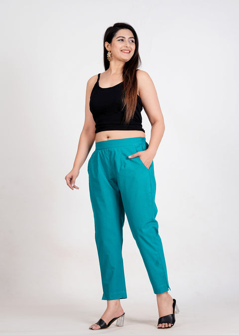 Women's Dark Turquoise Cotton Trouser Pant