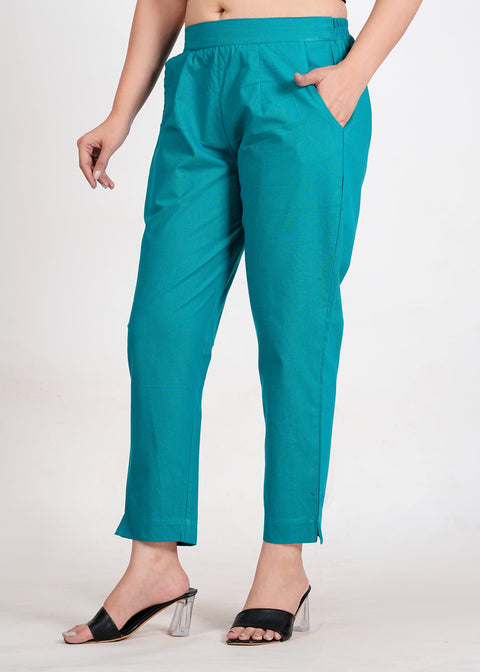 Women's Dark Turquoise Cotton Trouser Pant