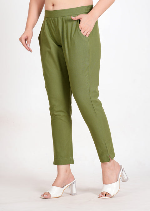 Women's Pista Green Cotton Trouser Pant