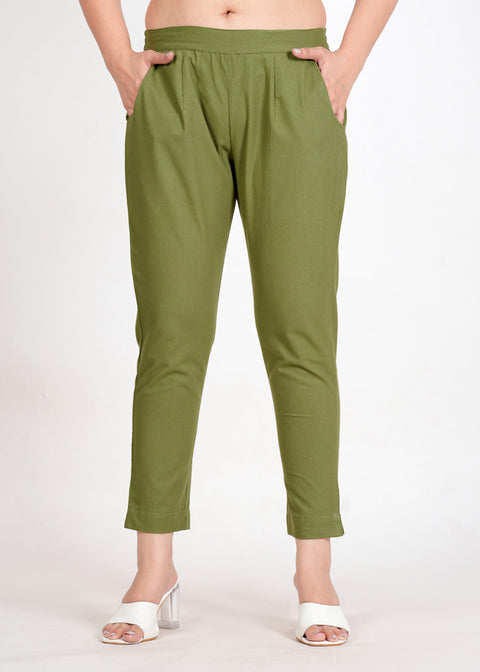 Women's Pista Green Cotton Trouser Pant