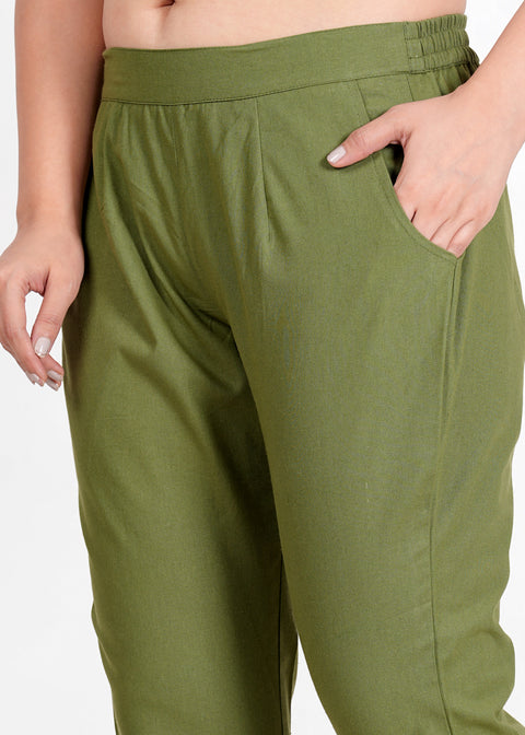 Women's Pista Green Cotton Trouser Pant