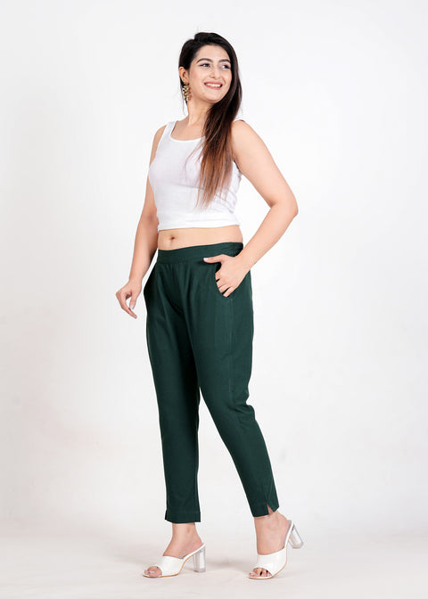 Women's Bottle Green Cotton Trouser Pant
