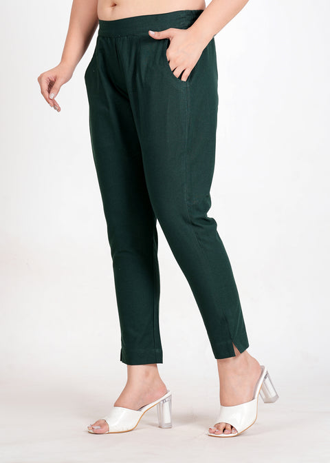 Women's Bottle Green Cotton Trouser Pant