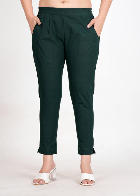 Women's Bottle Green Cotton Trouser Pant