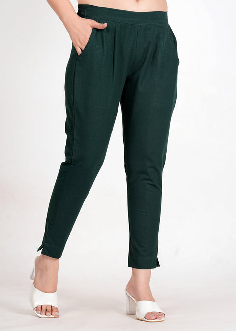 Women's Bottle Green Cotton Trouser Pant