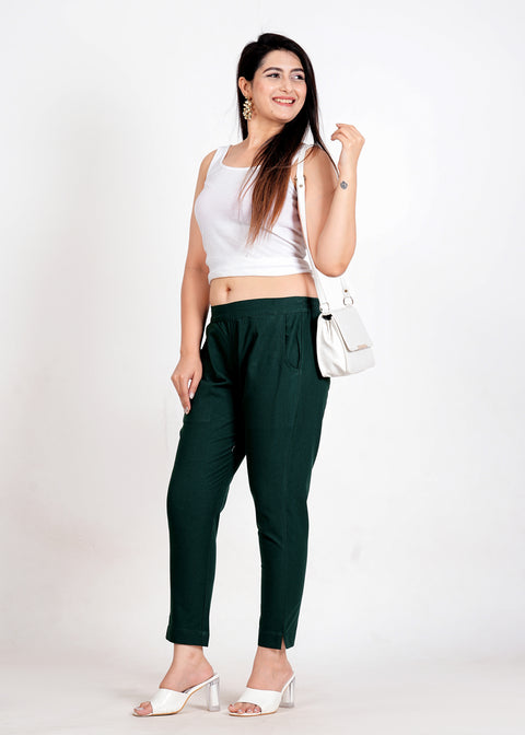 Women's Bottle Green Cotton Trouser Pant