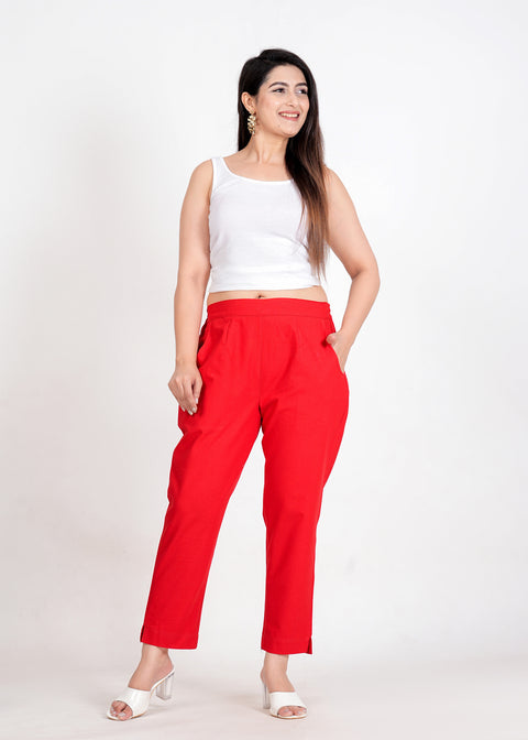 Women's Red Cotton Trouser Pant