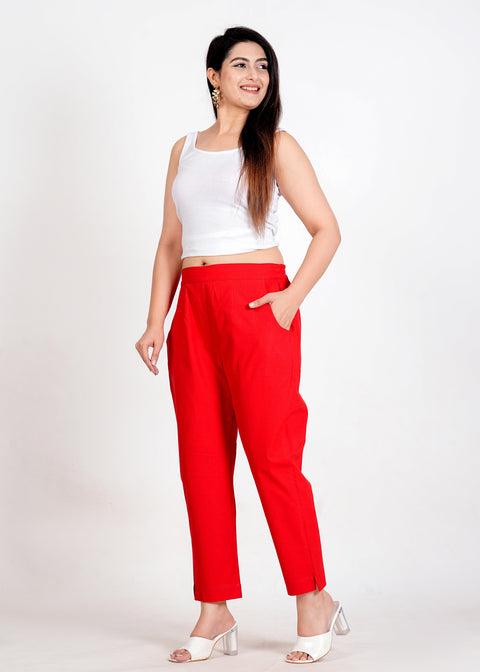 Women's Red Cotton Trouser Pant